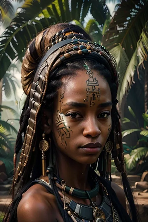 1 African woman, 30 years old, pretty face, dreadlocks, hyperrealistic, ultra detailed face and body, realistic representation,  stands in the jungle