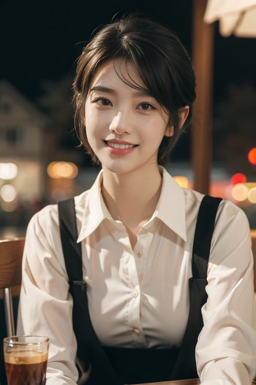 (8K, best quality, masterpiece: 1.2), (Practical, Reality: 1.37), Very detailed, 1 girl, Lovely, Solitary, Beautiful and detailed sky, Detail of cafe, night, sit, date, ( Red and swollen nose), (Smile: 1.15), (Shut up) Small Breasts, Beautiful details, (Co...