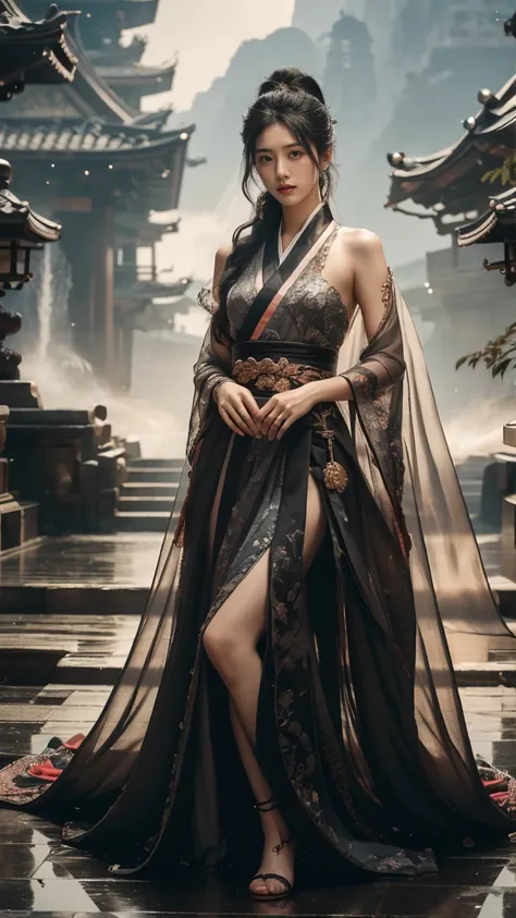 Full Body shot:1.2 1 girls,the most beautiful, Sweet, elegant ,full Body ,Small Breasts ,Rainy day in the background.,cityscape,1 female, beautiful girl, pretty face, Female Samurai, Supermodel, shiny bracelet, beautiful hanfu (Red, transparent),cape, alon...