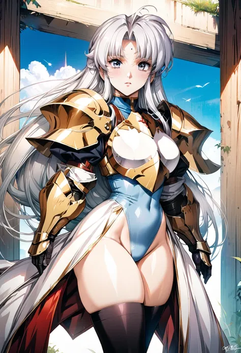 ((highest quality)), ((masterpiece)), ((hyperrealistic)), (detailed background), anime style, solo, 1girl, ((langrisser)), ((curvy: 1.2)), kawaii, ((Jumpsuit leotard)), ((white knight dress)), white long hair, ahoge, forehead, parted bangs, (long coat), ((...