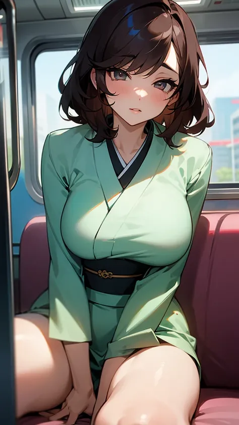 one woman,office lady,spread legs,large breasts,beautiful face,upturned eyes,medium hair,hair,looking at viewer,in the train,sex toys,japanese