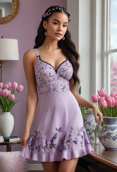 Create a hyper-realistic digital painting of a young woman with long, dark hair styled in two braids with buns. She is standing confidently in a modern room, wearing a fitted, white and lavender mini dress with delicate black floral embroidery and ruffled ...