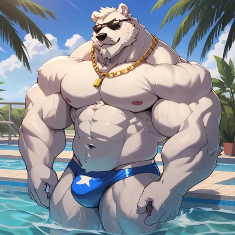 solo, 1boy, Huge Muscular White Polar Bear wearing sunglasses, gold chain necklace, huge white fur, pectoral, huge pectoral, wide pectoral, short white hair, blue speedo trunks and shirtless and topless, white bearded, white Mustache, white fur, shiny body...