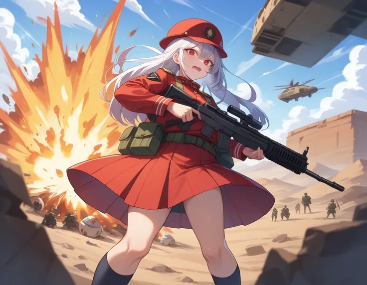 Small breasts、A platoon of girls in bright red military uniforms and long red skirts、Red military uniform and red long skirt、Panty shot、A pair of girl platoon leaders and soldiers equipped with two assault rifles、desert、Black powder explosion on the ground...