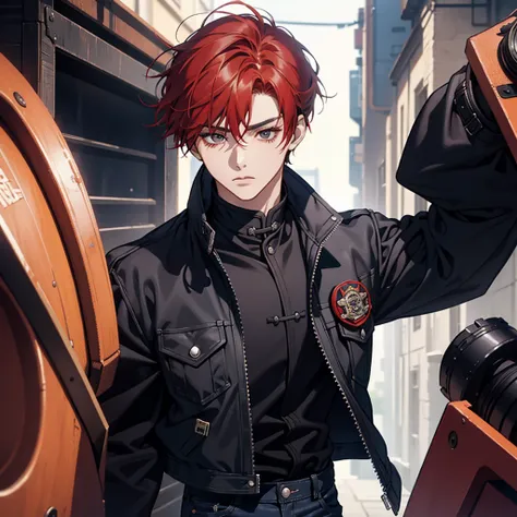 A boy, Red hair, dark black eyes, Cao Cao, looking into the lens, unified fund, mini denim jacket, with black leather pants.