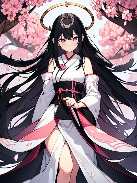 best quality, character design sheet, adult woman、No hat on, Black and pink hair, whole body, Head to Toe, Fortuneteller、Standing facing forward, Beautiful black dress, long Black Hair, Pure white background, from front, best quality, Cherry blossom patter...