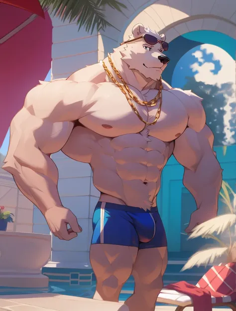 solo, 1boy, Huge Muscular White Polar Bear wearing sunglasses, gold chain necklace, huge white fur, pectoral, huge pectoral, wide pectoral, short white hair, blue speedo trunks and shirtless and topless, white bearded, white Mustache, white fur, shiny body...