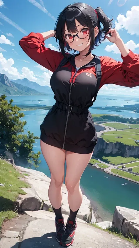 1girl,mountain climbing pattern ,Mountain,dam ,pastel black hair,red eye,bob hair,standing, beckoning, full body,red frame eyewear,big breasts,smile