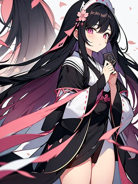 best quality, character design sheet, adult woman、No hat on, Black and pink hair, whole body, Head to Toe, Fortuneteller、Standing facing forward, Beautiful black dress, long Black Hair, Pure white background, from front, best quality, Cherry blossom patter...