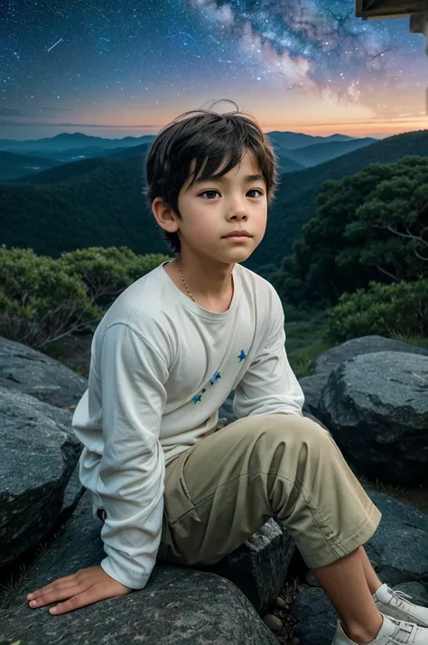 Anime 
"A young boy sits on a rocky outcropping, gazing out at a breathtaking landscape of bulbous clouds, their soft, white forms glowing golden in the fading light of day. As the sky transitions into a deep shade of indigo, countless stars begin to twink...