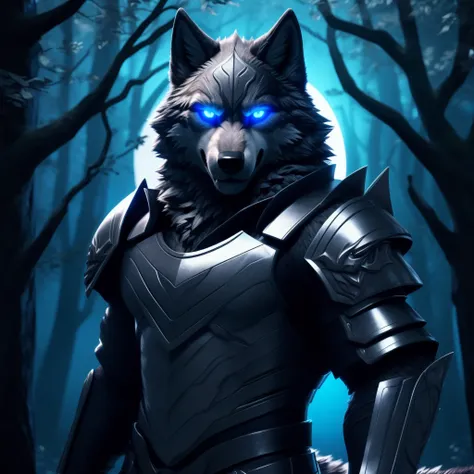 Posing, Male, 30 years old, biting lip smile, suit of gothic armour, bedroom eyes, anthro, wolf ears, (blakck fur:1.5), wolf, forest background at night, 8k, hi res, (best quality, masterpiece), blue glowing eyes, (wolf tail:1.5), detailed fur