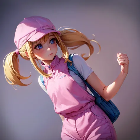 1 adult girl, blue eyes, Blonde, hair in two pigtails, pink vests, pink dress with white overalls, a pink hat on her head, in a calm and sweet environment, photography as for social media profile, Dragon Ball Z style and design, especially in the eyes, pur...