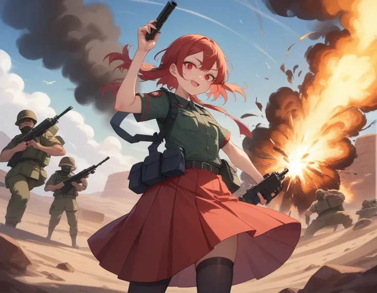 Small breasts、A platoon of girls in bright red military uniforms and long red skirts、Red military uniform and red long skirt、Panty shot、A pair of girl platoon leaders and soldiers equipped with two assault rifles、desert、Black powder explosion on the ground...