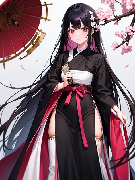 best quality, character design sheet, adult woman、No hat on, Black and pink hair, whole body, Head to Toe, Fortuneteller、Standing facing forward, Beautiful black dress, long Black Hair, Pure white background, from front, best quality, Cherry blossom patter...