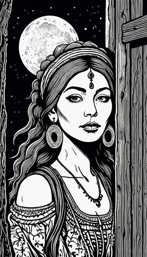 (Black and white woodcut:1.5)、(Second floor in black and white.)、foreground, dark and sinister atmosphere、profile face of a hippie woman with a headband, dressed in hoop earrings holding an Indian nightmare scarecrow,  wide, with a wool blouse,  with bare ...