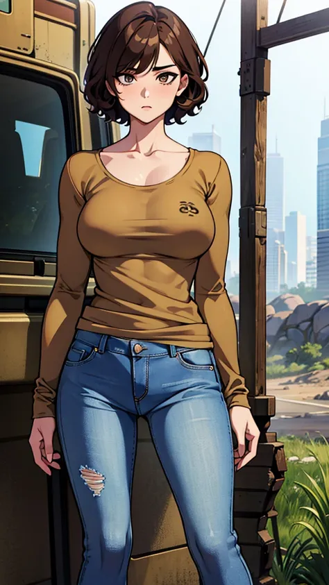 masterpiece, best quality, ultra-detailed, 1girl, eye-level shot, standing posture, brown curly short hair, large breasts, (collarbone), long sleeve compression shirt, jeans, abandoned road of wasteland