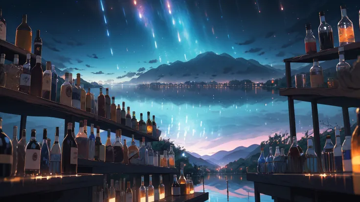 masterpiece, best quality, bottles,  fantasy, bar, cityscape, wide shot, city lights, night sky,  star (sky),  starry sky, (bar in the sky:1.2), blurry, (misty lake:1.3), 