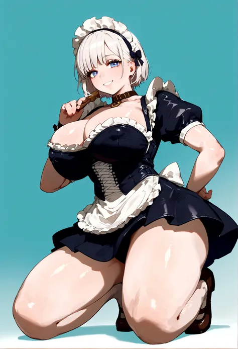 anime artwork, score_9, score_8_up, score_7_up, score_6_up, score_5_up, score_4_up, big breasts, White hair , short hair, pinched eyes, (big-:1.5) , Thin legs, thin body, leather collar, Maid outfit victorian, dynamic pose, full body, View from below, wide...