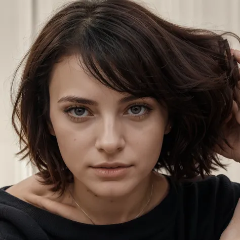 femme Française naturelle de 21 ans jouant au ténis , au long cheveux noir flottant et aux yeux perçant Il doit avoir une expression naturelle et accessible, Pose simple, simple vue, C