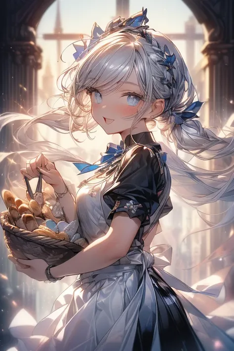 (perky chest:1.2), (pointed chest:1.2),(((Black Tunic:1.3))),(((cakes and bread in the basket),Cute and beautiful girl,Cute round face,Cute smile,with blush cheeks,Red Lip,a girl 22 years old, nsfw:1.2, beautiful body:1.3), shinny skin, BREAK, ((alice in t...