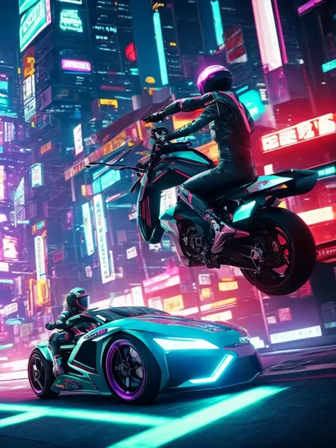 Cyberpunk: A slender girl is driving a futuristic motorcycle, racing through a neon city, full-body image