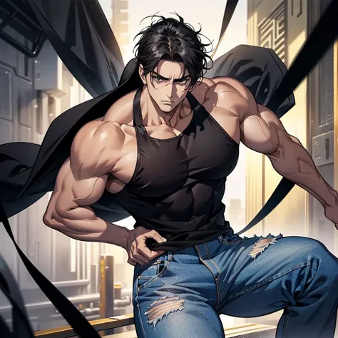 one  men,muscular and big, Bblack hair, expressionless black eyes, Cao Cao, looking into the lens, unified fund, White tank top, with jeans.