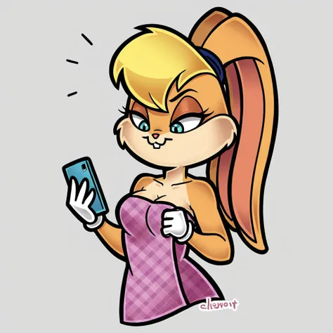 score_9, score_8_up, lola bunny, wrapped in towel, medium breasts, holding phone