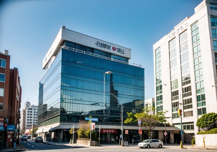 major company, building, korea, sk, 1 man, sunny weather