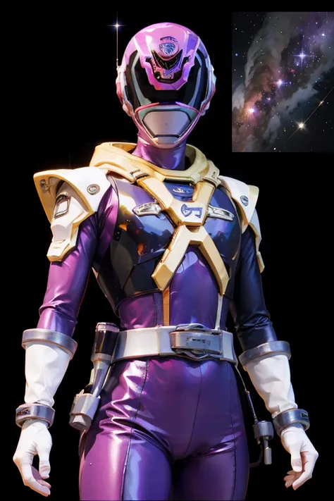 starry sky with the constellations of the zodiac, shades of purple as if they were nebulae, vast space, cyberpunk city at the bottom,   , power suit, powerranger, suit, spd, (Power ranger suit), gold detail, masked,
