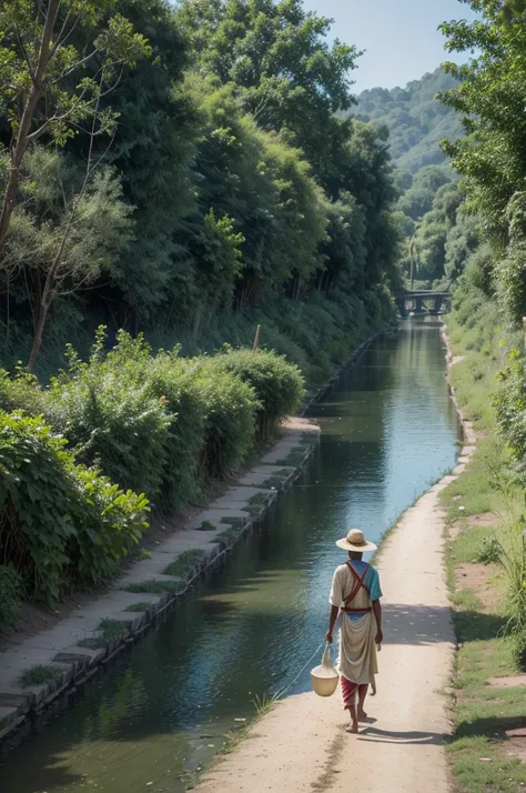  "An Indian water carrier walking along a dirt path, balancing two large pots on a wooden pole across his shoulders, with a serene river in the background and lush green surroundings, traditional Indian village setting."