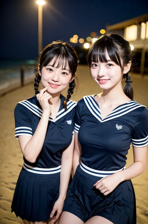 2 girls in beach at night,short-sleeved sailor shirt,navy blue pleated skirt,fireworks,18-year-old,bangs,a little smile,thighs,knees,short hair with low pigtails bunches,from below,front light