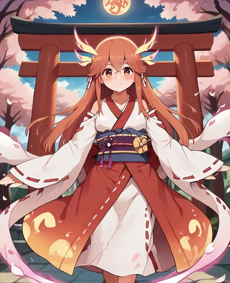 masterpiece, best quality, ultra-detailed, intricate illustration, detailed lighting, torii gate, cherry blossoms, 1 Japanese dragon miko, long flowing sleeves, ornate kimono, dragon-patterned obi, sacred ritual dance, ethereal dragon spirits, magical aura...