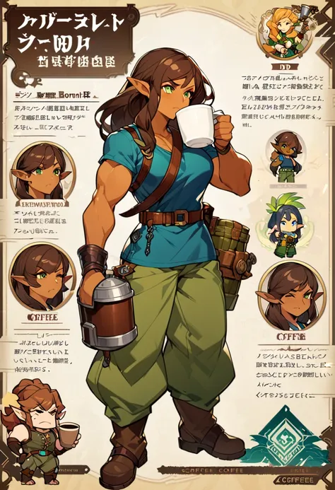 a cartoon half elf girl with a blue tanktop and green cargo pants holding a cup of coffee, botw style, full body portrait of an ...