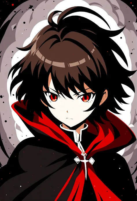 anime style diffusion, upper body, (face to the side 0.3), girl with long messy brown hair bright red eyes, (open eyes 0.5), (serious face 0.1), black majestc cloak with red details, upper light, high contrast , 2D style, photoshop, cinematic
