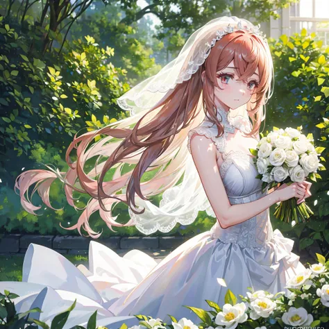 a beautiful bride in a lush garden, white wedding dress, holding bouquet, surrounded by flowers, sunlight, serene expression, el...