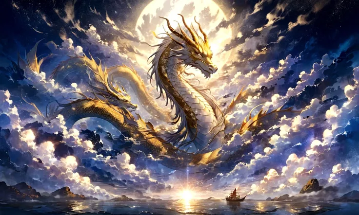 white dragon god, gentle gaze, fantastic background, moonlight background, sea of ​​clouds background, golden splashes, mysterious, divine light, mythical creature, traditional Chinese dragon, myth, speckled light, hazy haze, mysterious aura, masterpiece, ...