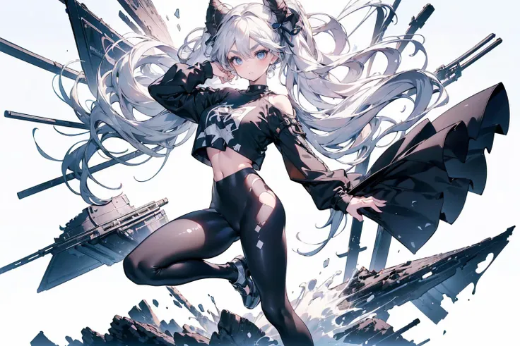 (White Hair Girl), (Thick, dark blue eyebrows:1.4), (Dark blue eyebrows:1.7), (Thick eyebrows:1.3), (Huge black fluffy animal ears:1.1), (Black animal ears:1.1), BREAK, (((Mesh Stitching Crop T-Shirt, Cutout Long Sleeve Top))),BREAK, (Big Breasts:1.2, Thic...