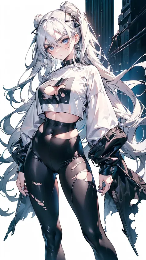 (White Hair Girl), (Thick, dark blue eyebrows:1.4), (Dark blue eyebrows:1.7), (Thick eyebrows:1.3), (Huge black fluffy animal ears:1.1), (Black animal ears:1.1), BREAK, (((Mesh Stitching Crop T-Shirt, Cutout Long Sleeve Top))),BREAK, (Big Breasts:1.2, Thic...