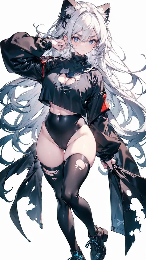 (White Hair Girl), (Thick, dark blue eyebrows:1.4), (Dark blue eyebrows:1.7), (Thick eyebrows:1.3), (Huge black fluffy animal ears:1.1), (Black animal ears:1.1), BREAK, (((Mesh Stitching Crop T-Shirt, Cutout Long Sleeve Top))),BREAK, (Big Breasts:1.2, Thic...