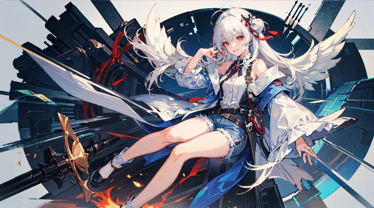 ((masterpiece, Highest quality)), Detailed face, Character Sheet, whole body, Full of details, Various poses and expressions, Very detailed, depth, Many parts, One girl,Grin,Ghosttail,Wings on the head,white_hair,Colored inner hair,Ahoge,Hair Ribbon,Red ey...