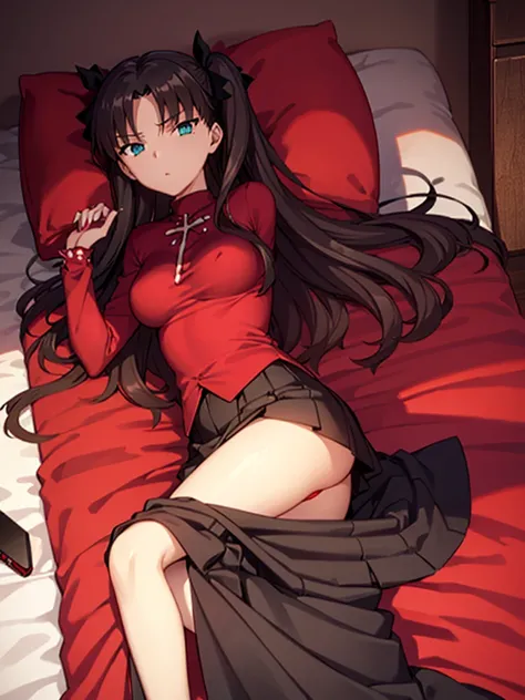 Tohsaka rin, A-line skirt,sexy girl,bed room ,on the bed,Beautiful slender legs,Big breasts,porn