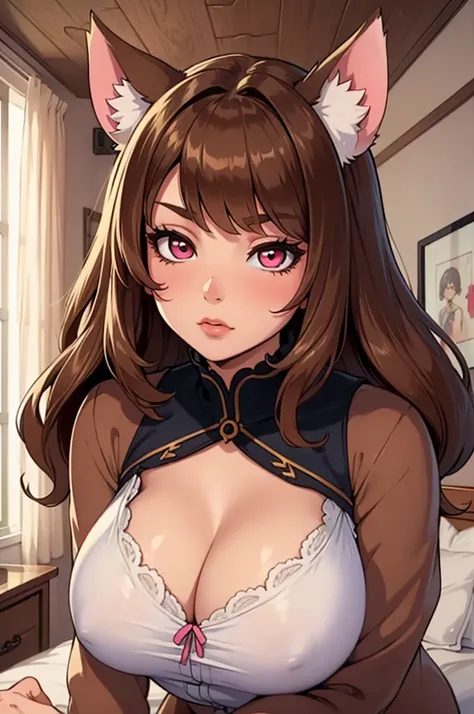 ((masterpiece)), ((detailed, high quality)), girl, cute face:1.2, soft brown hair, super straight hair, ((puppy ears down, floppy ears)), pink eyes, ((soft brown clothes)), cute clothes, bedroom, close-up, cute pose, very long hair, bug big breasts, gigant...