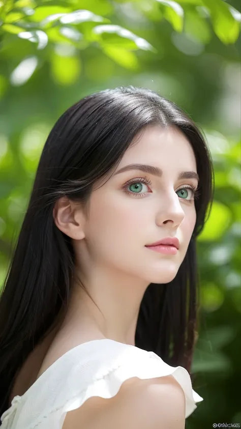 Beautiful realistic European, big green eyes, black hair, small nose, beautiful and full lips, White skin. 