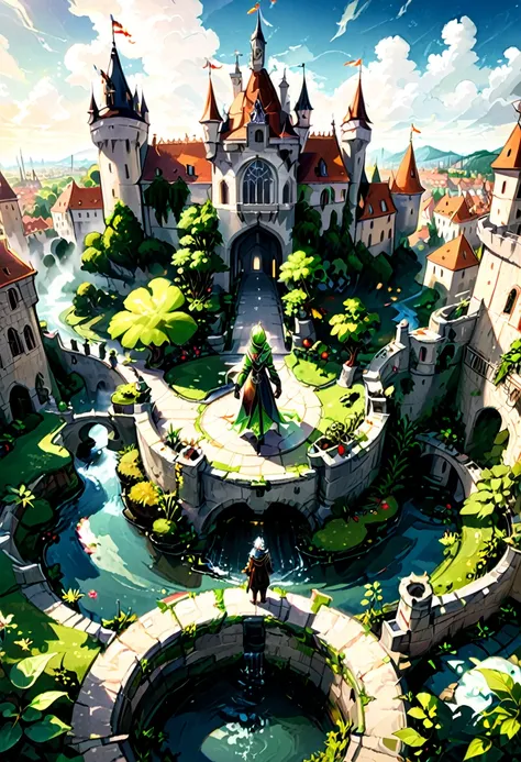 (game,  "Plants vs. Zombies"), features anthropomorphic plants in a retro colored medieval castle, with a moat and a courtyard surrounded by city walls in the background, full body, (Photography), panoramic view, award-winning, cinematic still, emotional, ...