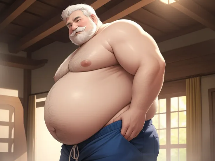 a smiling obese old man, ((chubby:1.2, big fat, huge belly, massive fat, massive obese)), pectoral, detailed realistic portrait,...