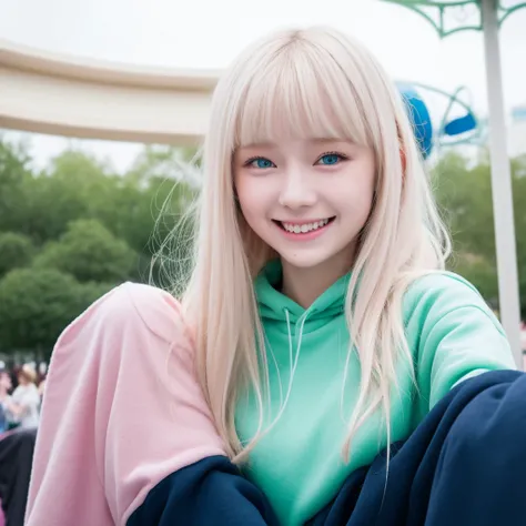 Pale blonde teenage girl with bangs and blue-green eyes soft silky hair, With a white sweatshirt and black pants, smiling with her small, pink lips taking a photo distractedly at an amusement park in Disney 