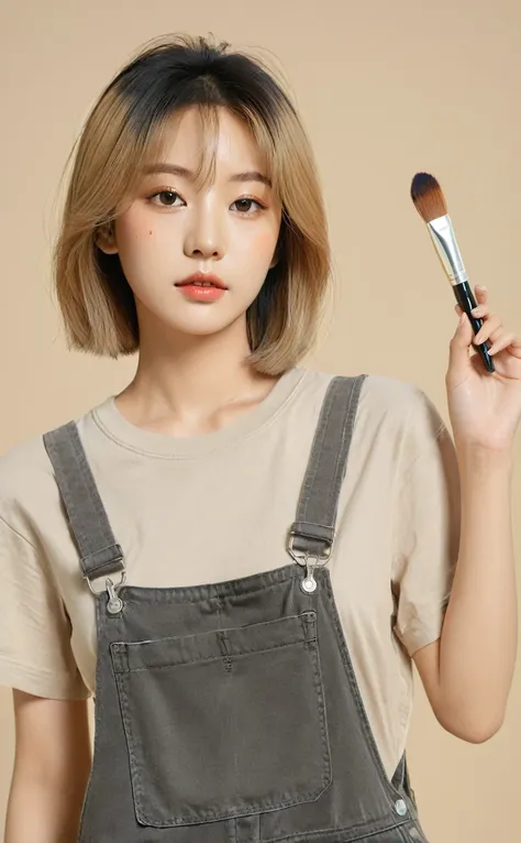 Realistic,Portrait of one girl of young Korean idol,Upper Body,Blonde Korean Bob,indoor,View your audience,Simple beige background,Release your lips,Dark grey tight T-shirt,Beige overalls,A palette of paints in his left hand,Brush in right hand,Popular Kor...