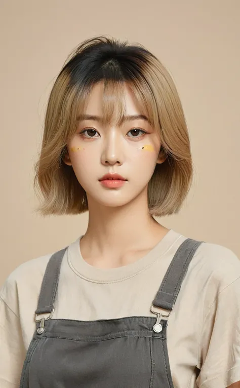 Realistic,Portrait of one girl of young Korean idol,Upper Body,Blonde Korean Bob,indoor,View your audience,Simple beige background,Release your lips,Dark grey tight T-shirt,Beige overalls,A palette of paints in his left hand,Brush in right hand,Popular Kor...