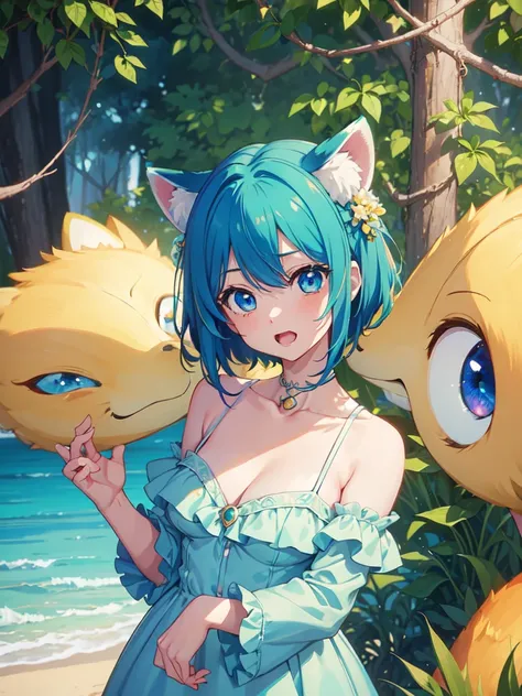 masterpiece、Very detailed、(1 girl)、Blue-green hair、Plain Dress、Chest、breast enhancement、Big eyes、Close-up、Laughter、8K、short hair、Red Panda Ears、(((Anime Style)))、Bright Eyes、Blue Eyes、Open your mouth