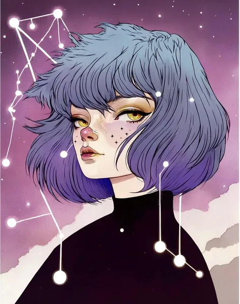 a drawing of a woman with a purple hair and a constellation sign, inspired by Martine Johanna, by Martine Johanna, anime girl with cosmic hair, inspired by Harumi Hironaka, cyborg - girl with silver hair, dreamy cyberpunk girl, molly from the novel neuroma...